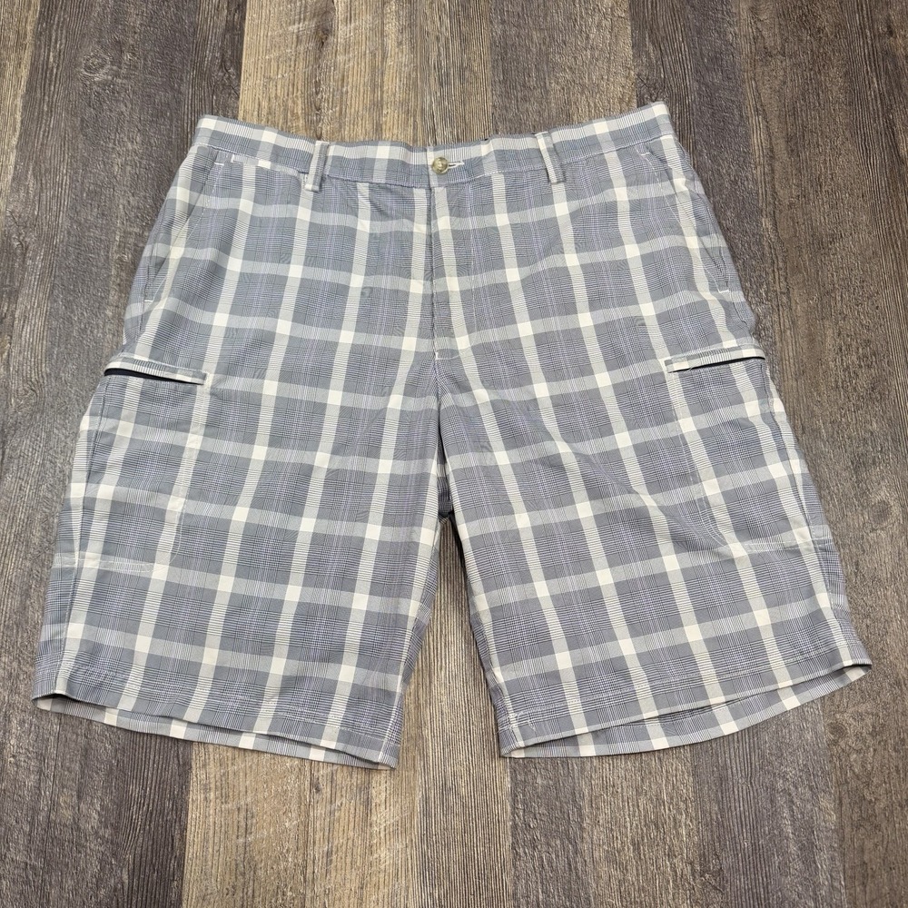 Black Brown 1826 Golf Shorts Mens 36 Blue Plaid Performance Stretch Flat Front
